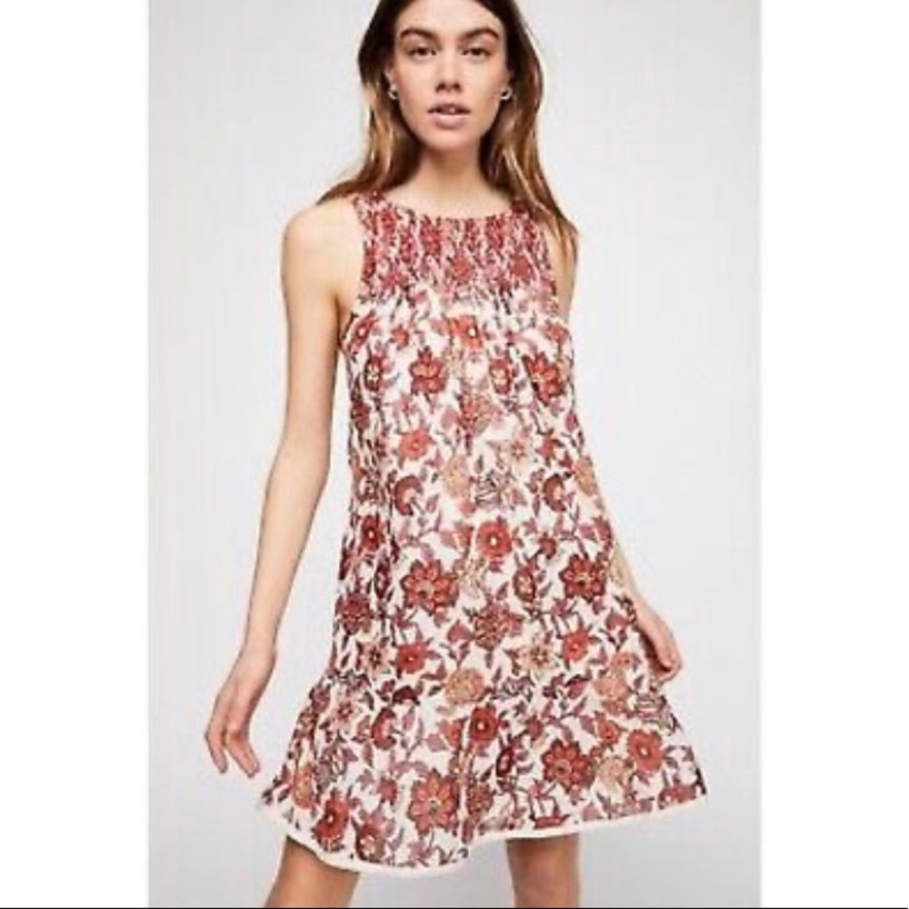FREE PEOPLE floral brown white swing A-line dress Womens Medium Smocked